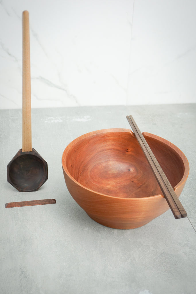 Complete Set: Wood Bowl, Chopsticks, Ramen Spoon